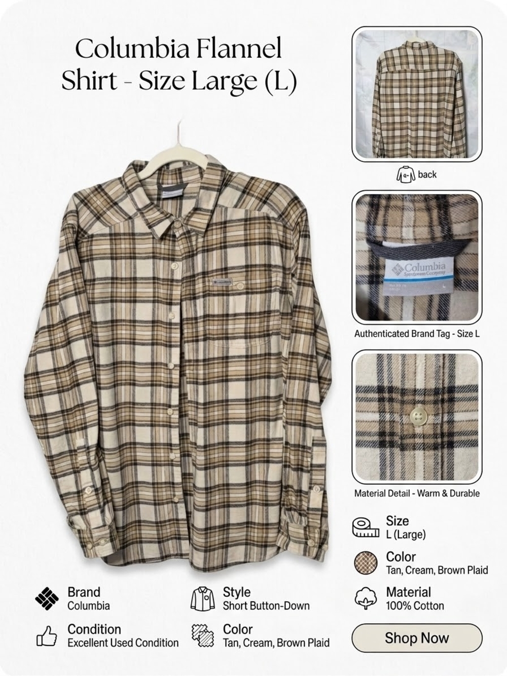 Columbia Tan, Cream & Brown Plaid Button-Down Shirt
